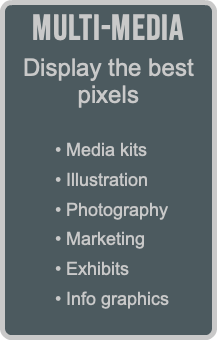 Multi-Media Display the best  pixels  • Media kits • Illustration • Photography • Marketing • Exhibits • Info graphics
